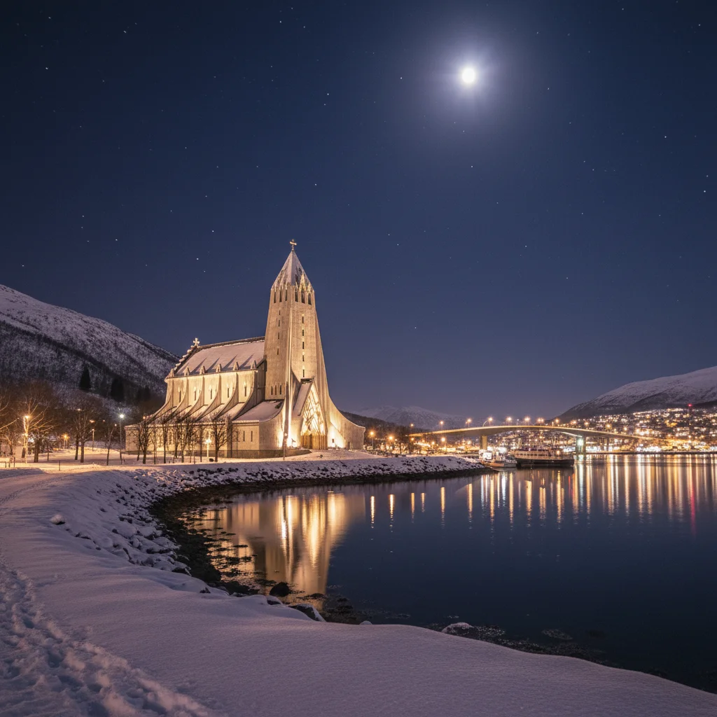 Tromsø bei Nacht mit beleuchteter Eismeerkathedrale