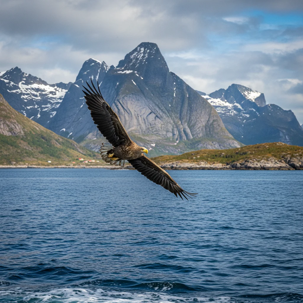 Seeadler im Flug über den Lofoten in Norwegen