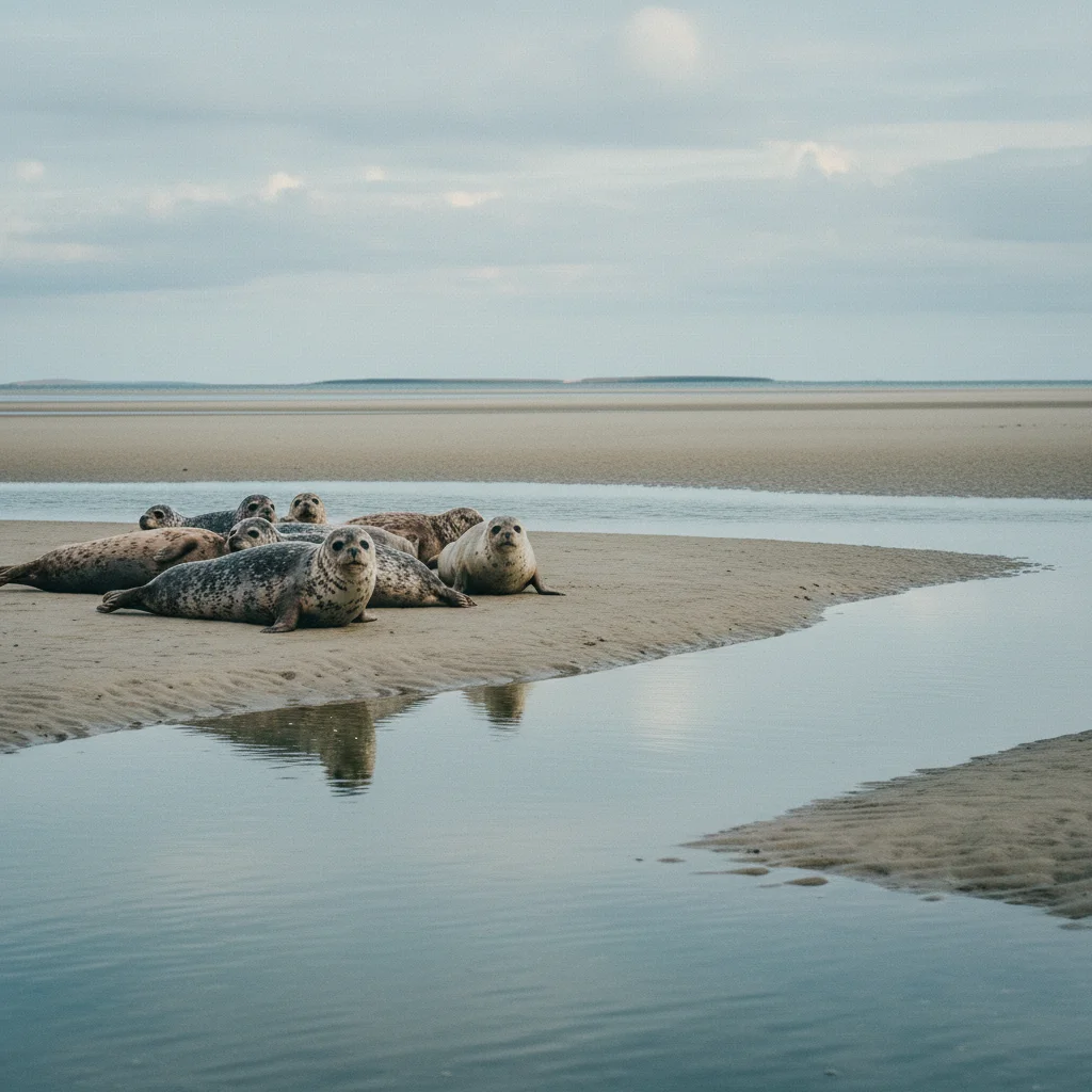 Seehunde auf einer Sandbank im dänischen Wattenmeer bei Niedrigwasser