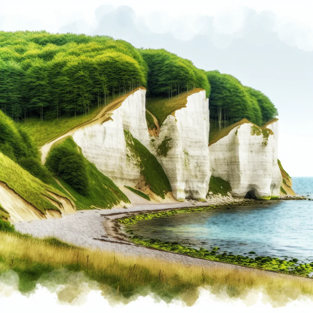 Die weißen Kreidefelsen von Møns Klint an der Ostseeküste bei Sonnenuntergang