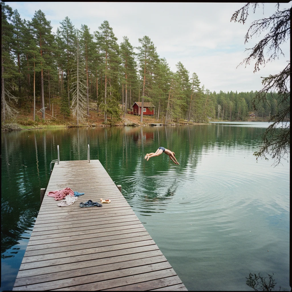 Holzsteg an einem schwedischen Badesee mit klarem Wasser und Wald im Hintergrund
