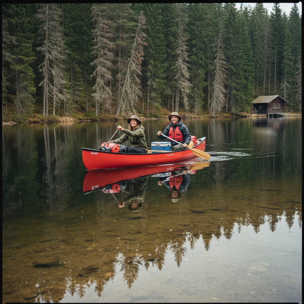 Kanu auf einem stillen schwedischen Waldsee bei Sonnenaufgang mit Nebel über dem Wasser