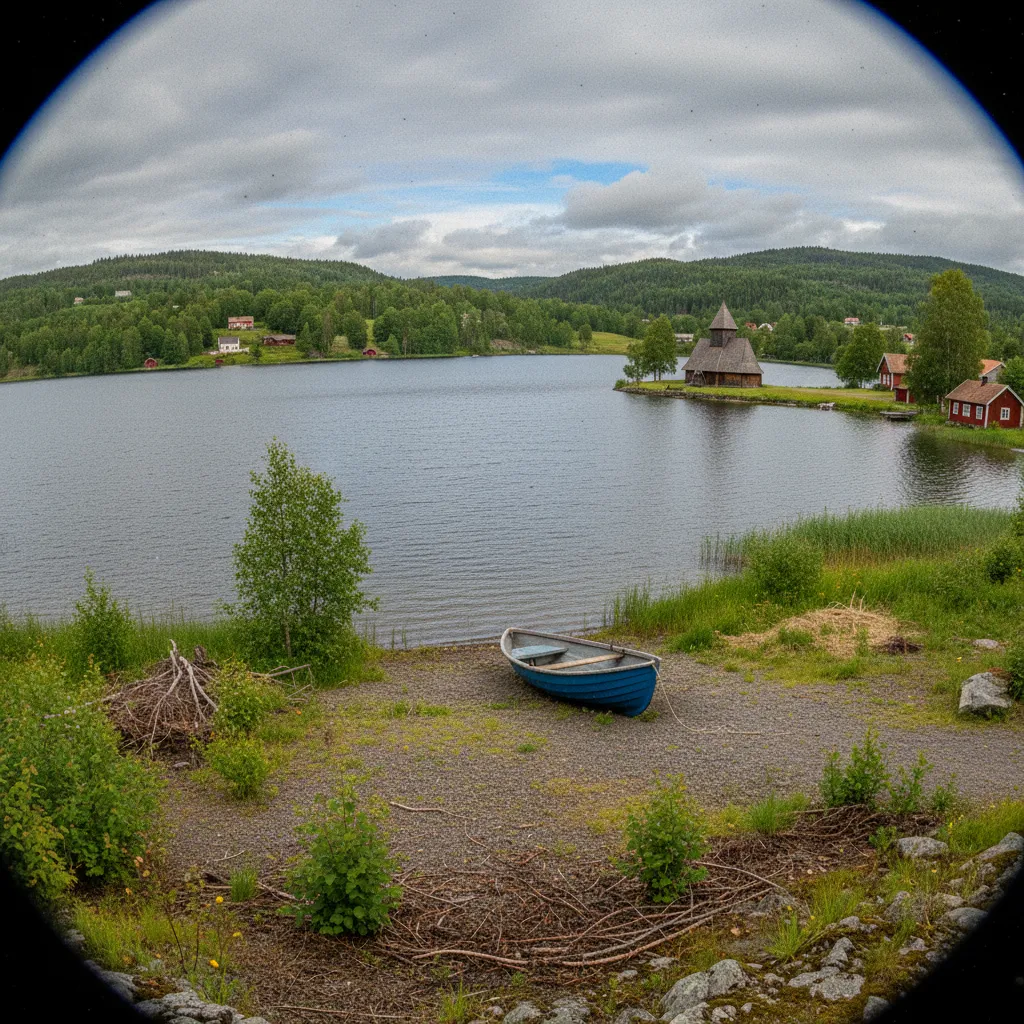 Blick über den Siljan-See in Dalarna mit traditionellen roten Holzhäusern am Ufer