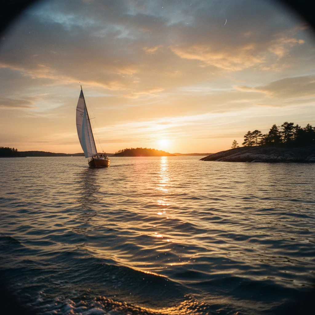 Segelboot vor Sonnenuntergang in den finnischen Schären
