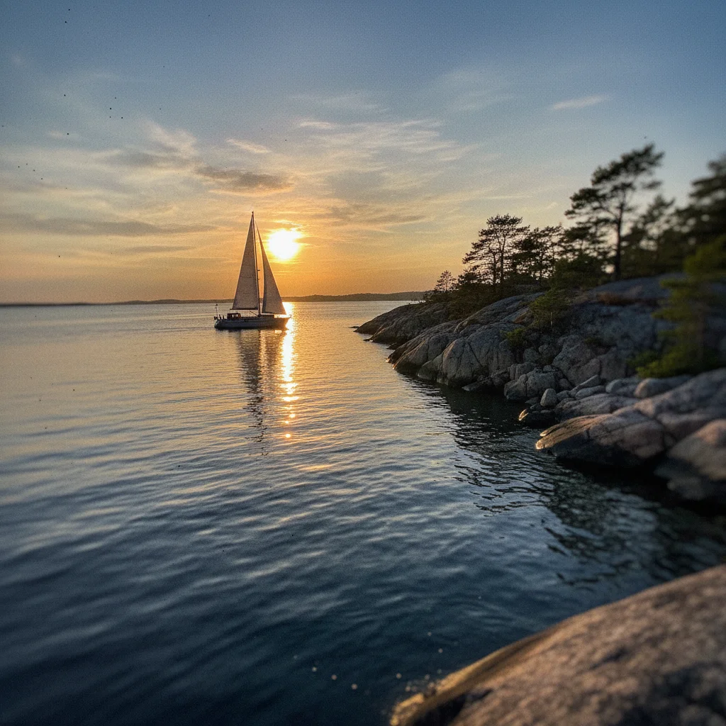 Segelboot bei Sonnenuntergang an der norwegischen Küste