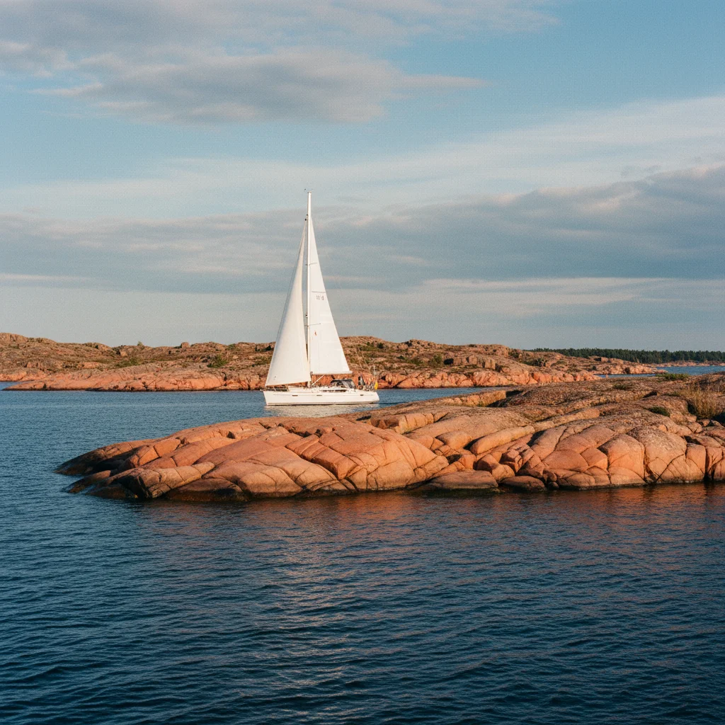 Segelboot zwischen den roten Granitfelsen der finnischen Schären bei Åland