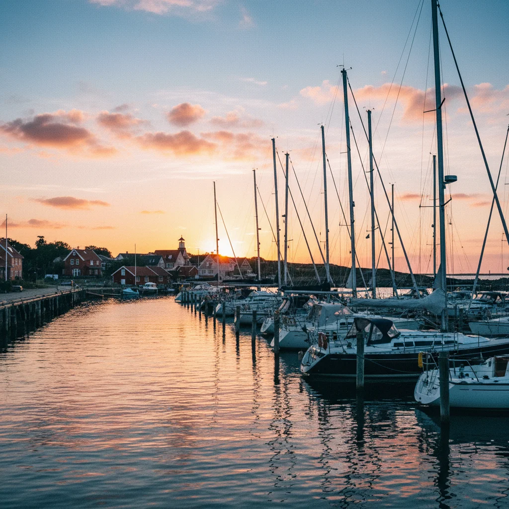 Segelboote im Gästehafen eines dänischen Küstenorts bei Sonnenuntergang