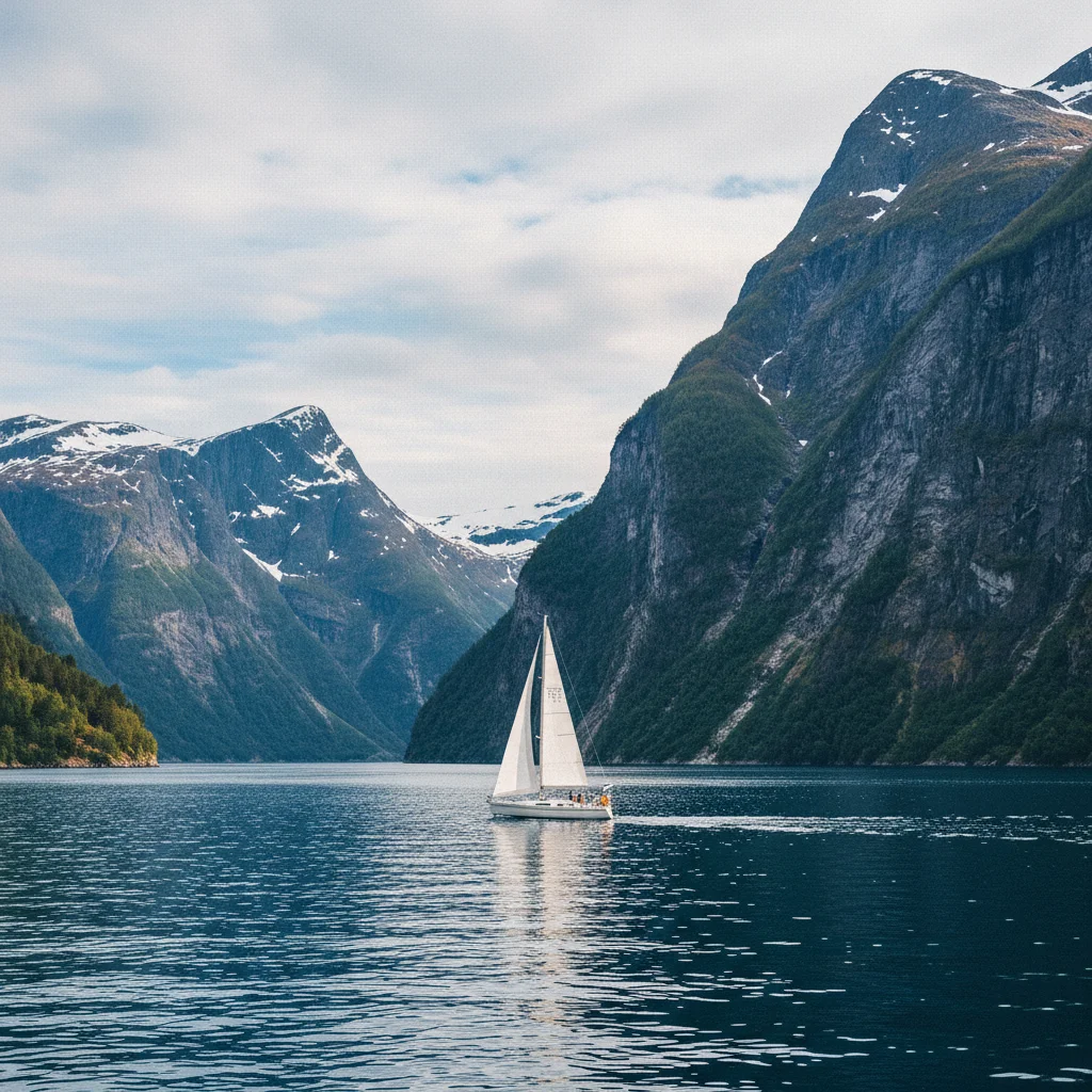 Segelboot in einem norwegischen Fjord umgeben von steilen Bergen