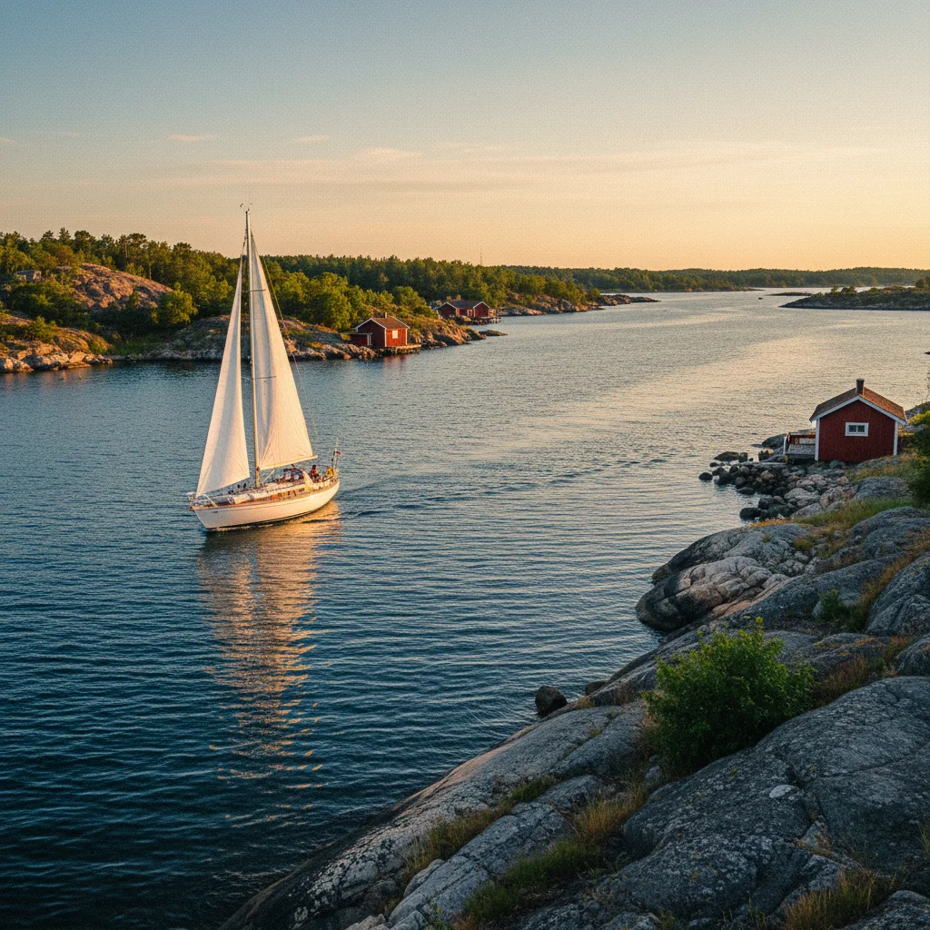 Segelboot zwischen schwedischen Schäreninseln bei sommerlichem Abendlicht