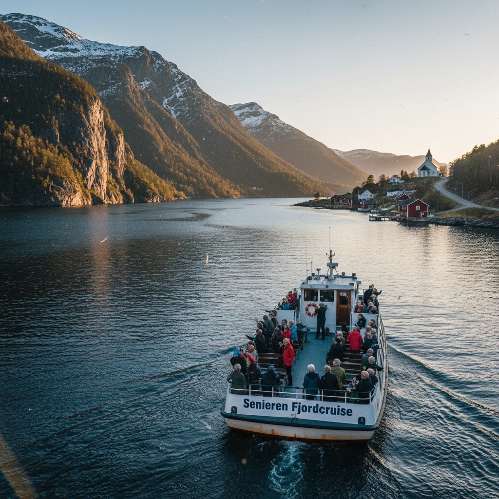 Ausflugsboot auf einem norwegischen Fjord mit Passagieren an Deck