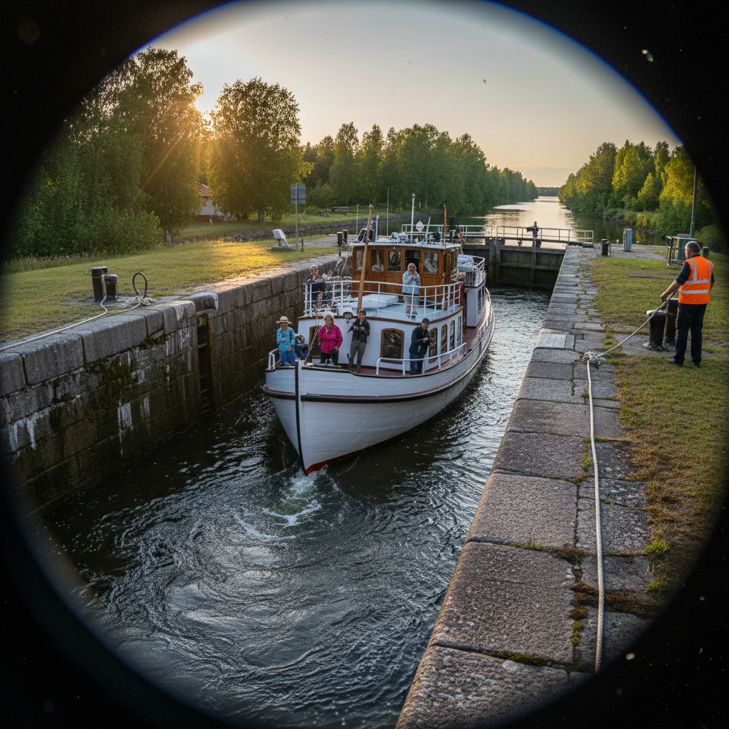 Historisches Kanalschiff auf dem Göta-Kanal passiert eine Schleuse