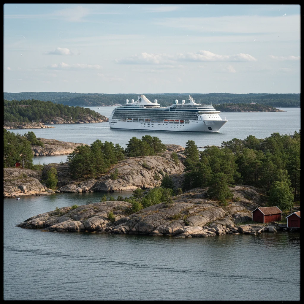 Kreuzfahrtschiff im schwedischen Schärengarten mit Felseninseln