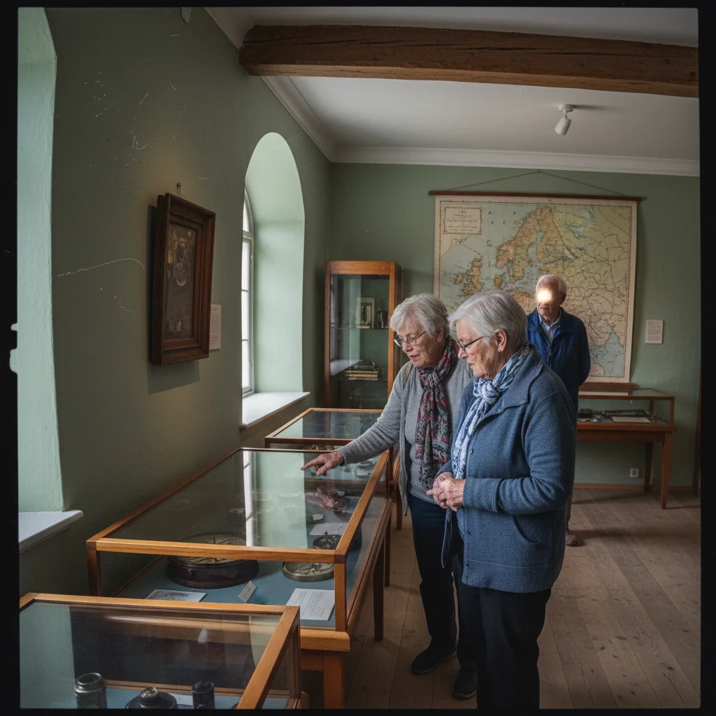Ältere Besucher in einem schwedischen Museum mit historischen Ausstellungen