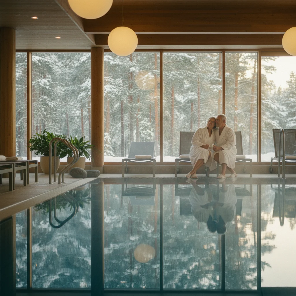 Wellness-Bereich mit Holzsauna und Blick auf einen schwedischen See