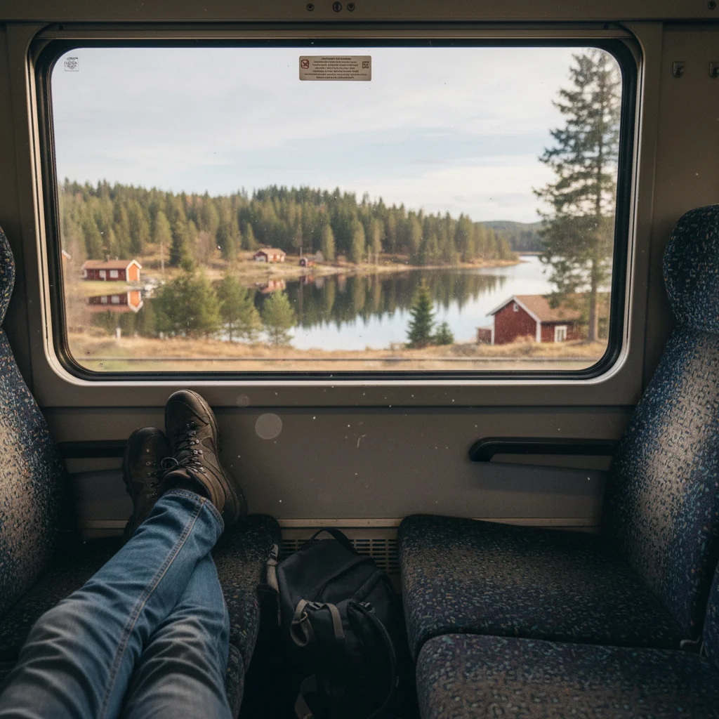 Komfortabler Sitzplatz in einem schwedischen Zug mit Blick auf Landschaft