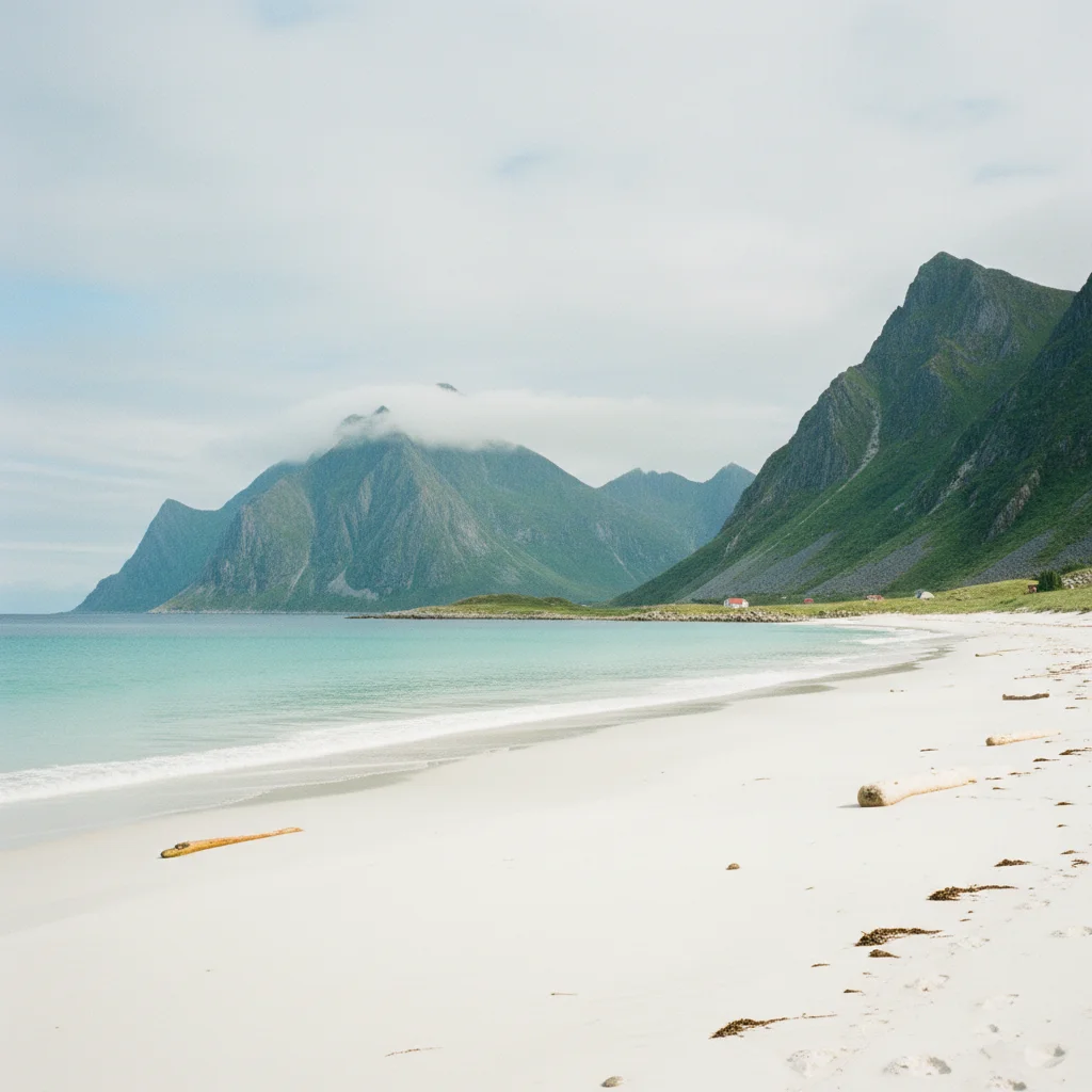 Weißer Sandstrand auf Senja mit türkisblauem Wasser