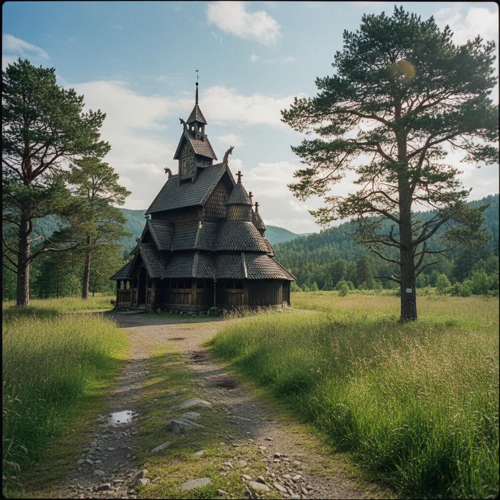 Stabkirche im Setesdal mit dunklem Holz und Drachenköpfen
