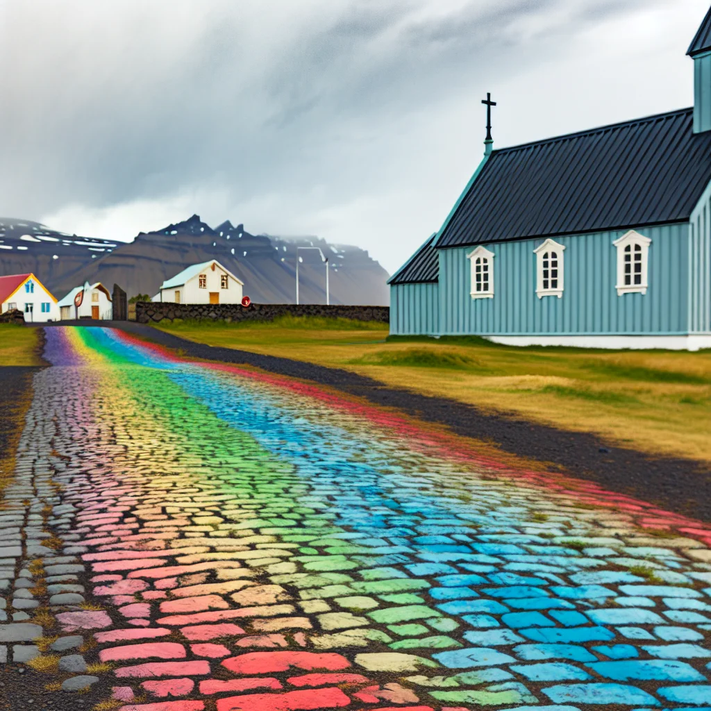 Die Regenbogenstraße in Seyðisfjörður mit der blauen Kirche im Hintergrund