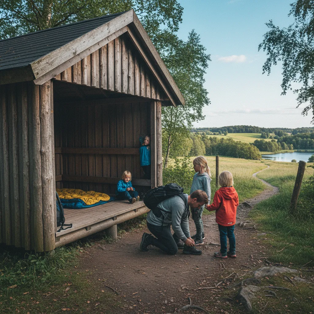 Familie mit Kindern am Shelter in dänischer Natur