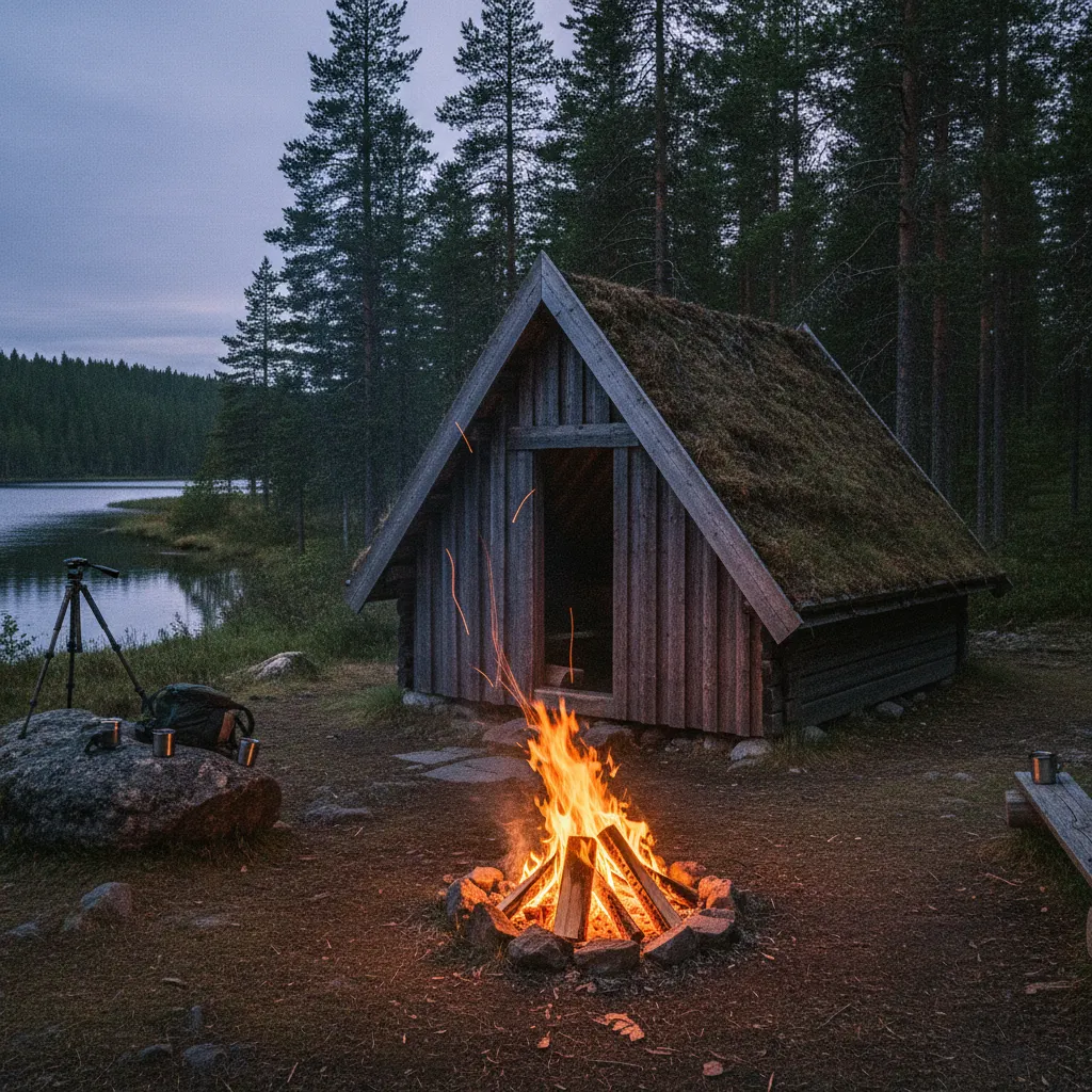 Lagerfeuer vor einem Shelter in der Abenddämmerung
