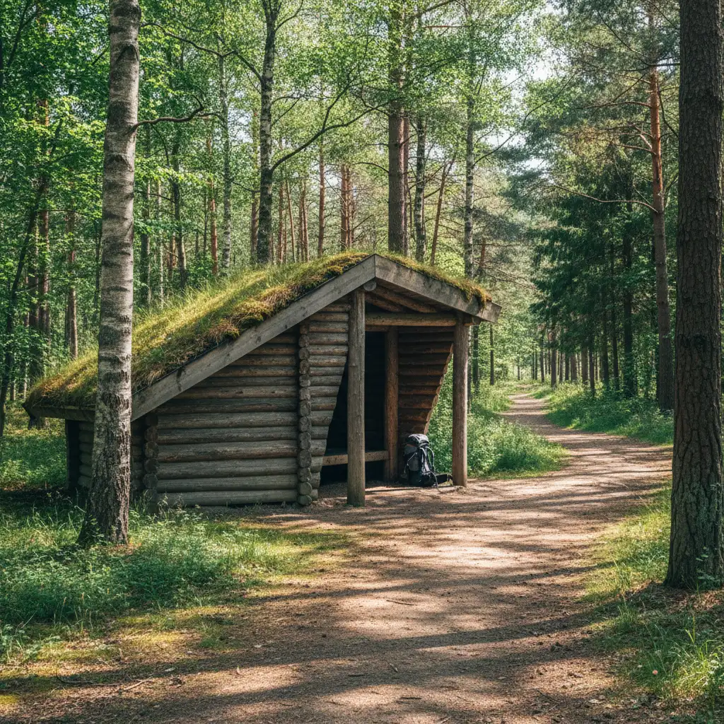 Holzshelter an einem dänischen Waldweg