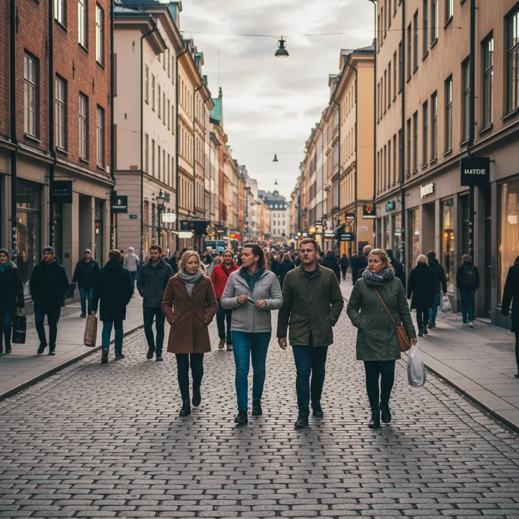 Fußgängerzone Drottninggatan in Stockholm mit Passanten und Geschäften