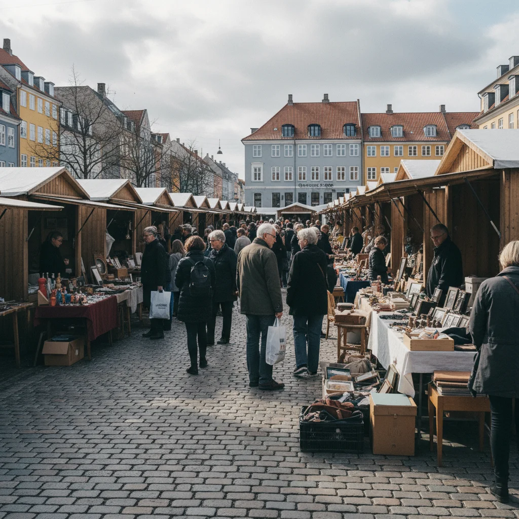 Flohmarkt in Kopenhagen mit Ständen und Besuchern