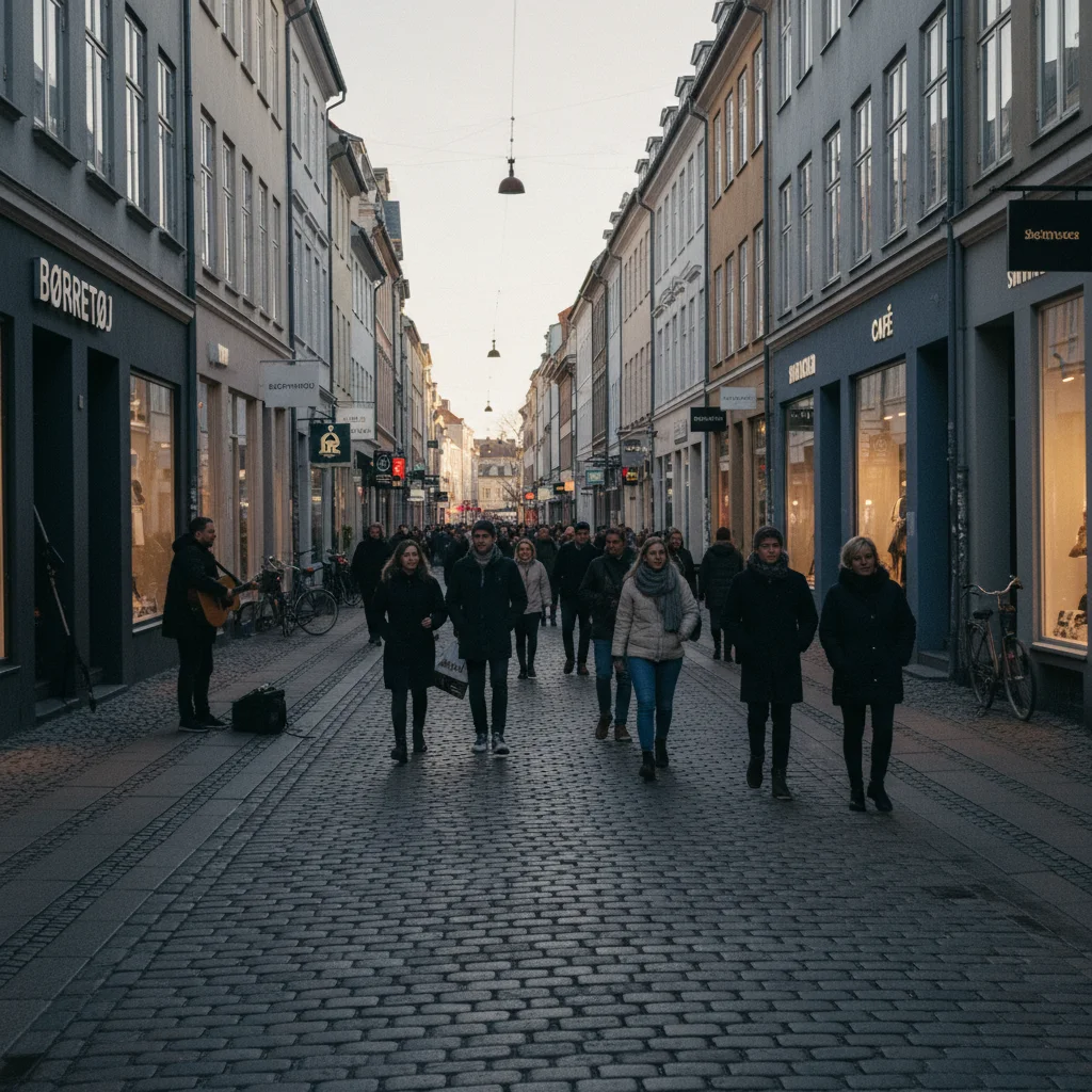 Die Fußgängerzone Strøget in Kopenhagen mit Geschäften und Passanten