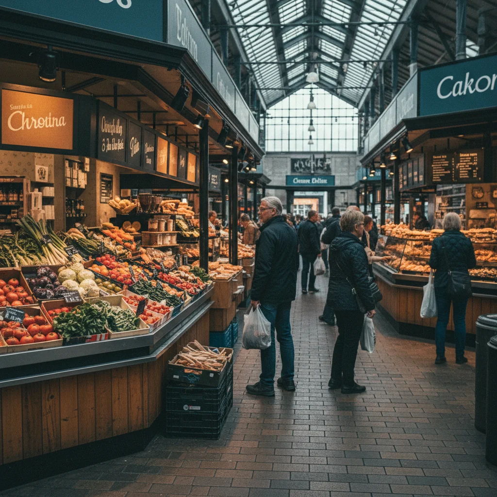 Torvehallerne Markthalle in Kopenhagen mit Lebensmittelständen