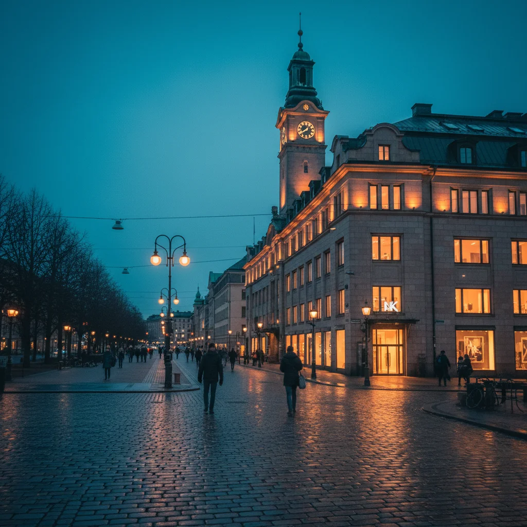 NK Nordiska Kompaniet Kaufhaus in Stockholm bei Abendbeleuchtung