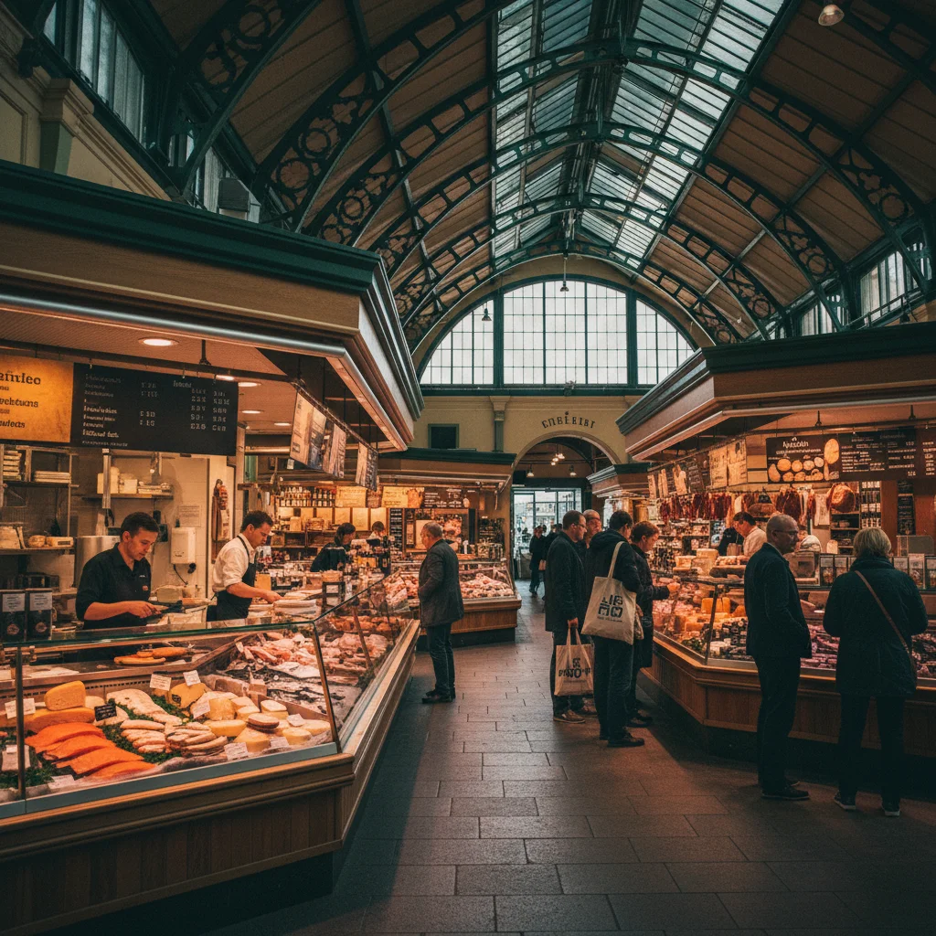 Östermalms Saluhall in Stockholm von innen mit Feinkostständen und gusseisernem Dach