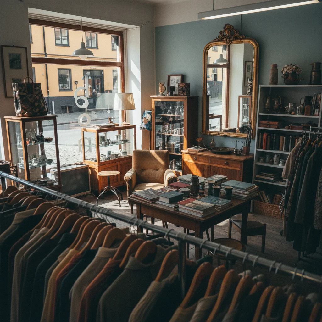 Vintage-Laden auf Södermalm in Stockholm mit Kleiderstangen und Retro-Möbeln