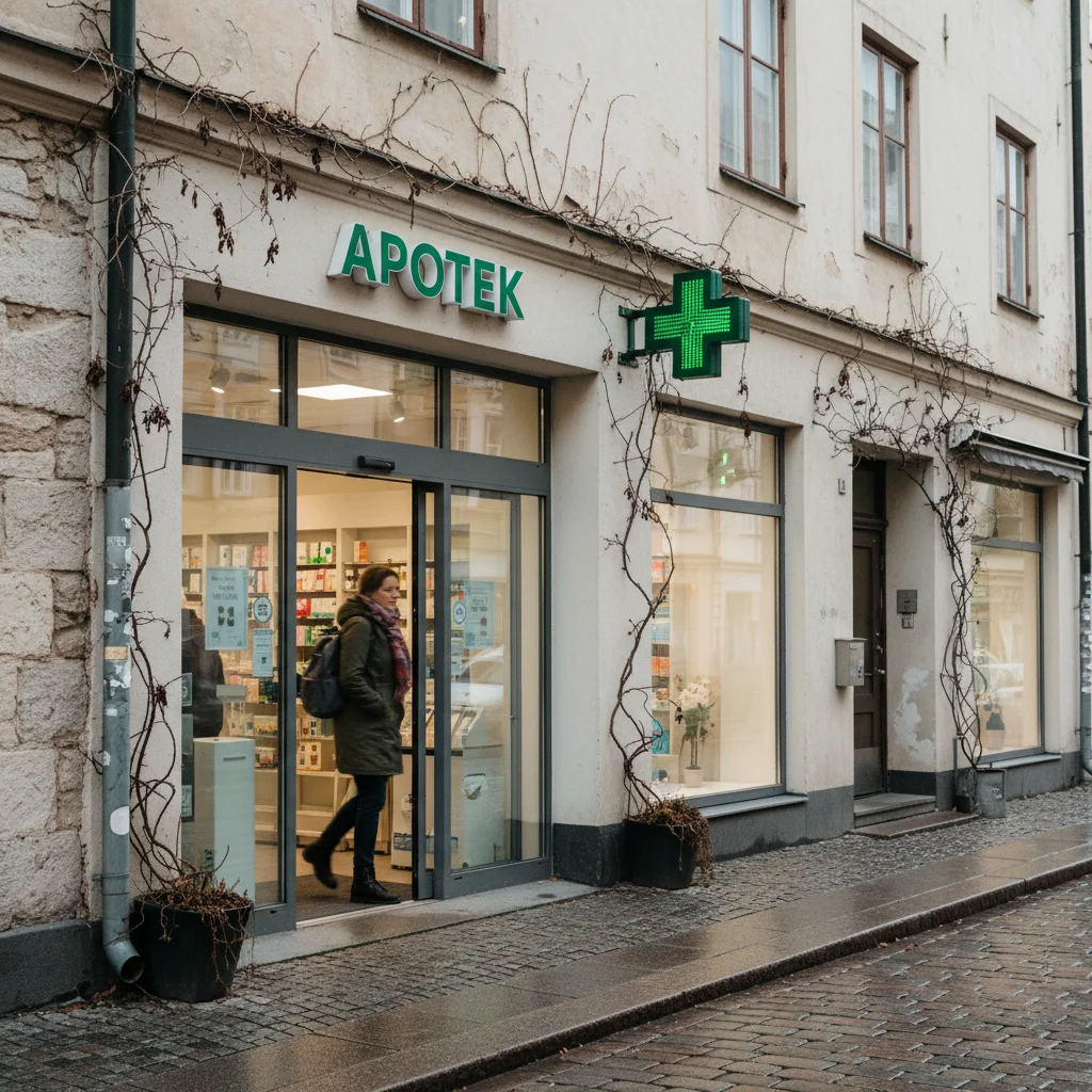 Schwedische Apotheke (Apotek) mit grünem Kreuz-Schild an einer Einkaufsstraße