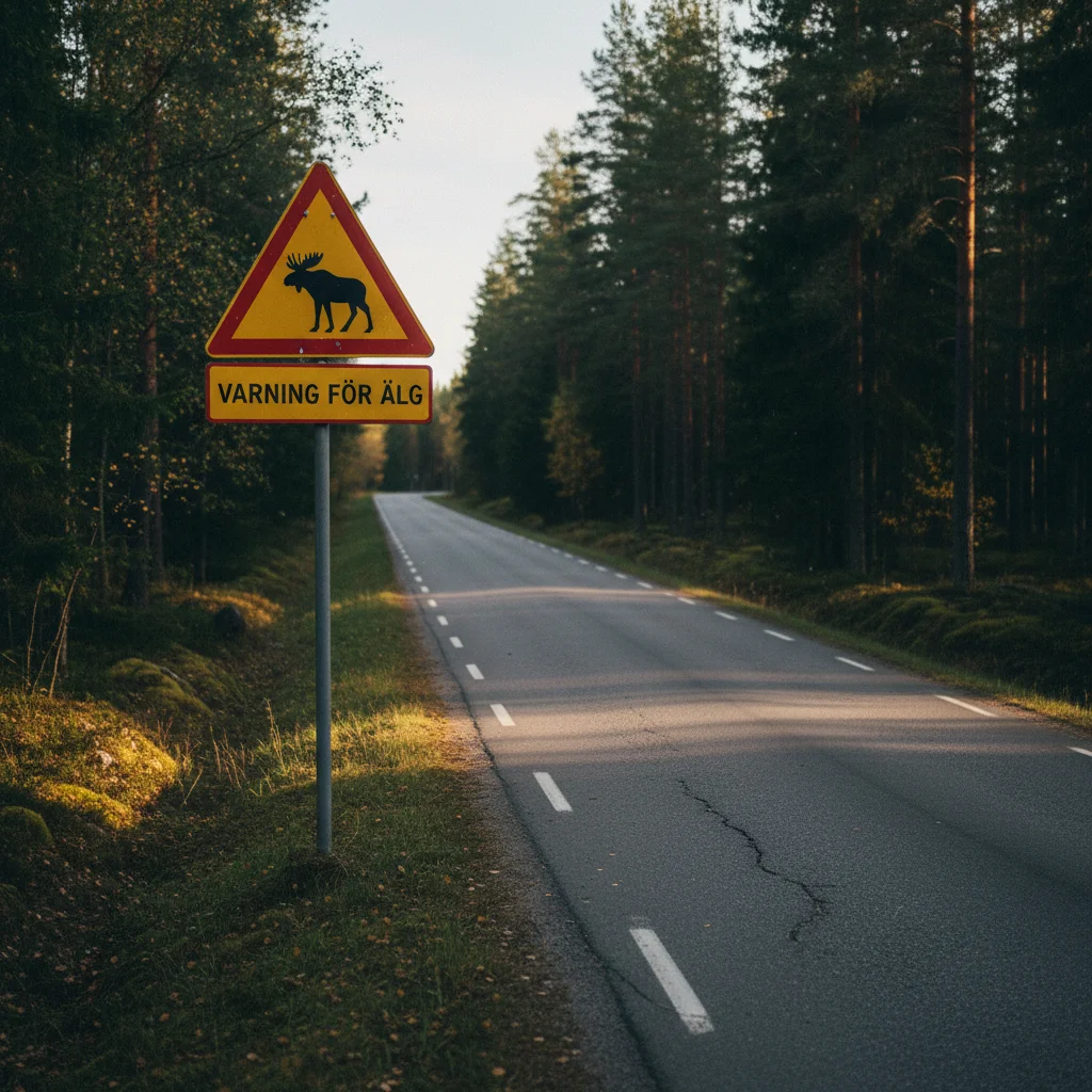 Schwedisches Elch-Warnschild an einer Landstraße in Mittelschweden bei Dämmerung