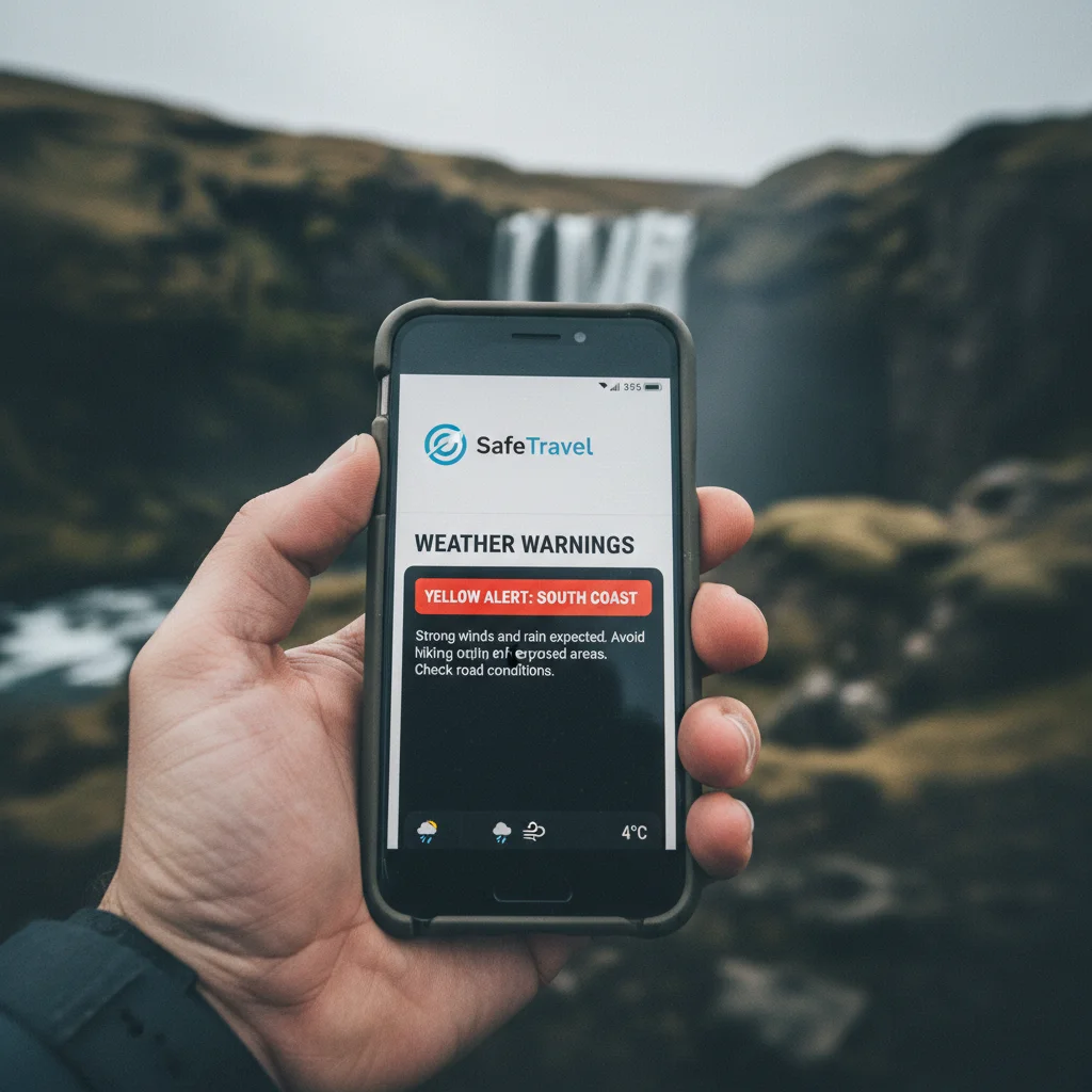 Smartphone-Bildschirm mit der SafeTravel-App und aktuellen Wetterwarnungen für Island