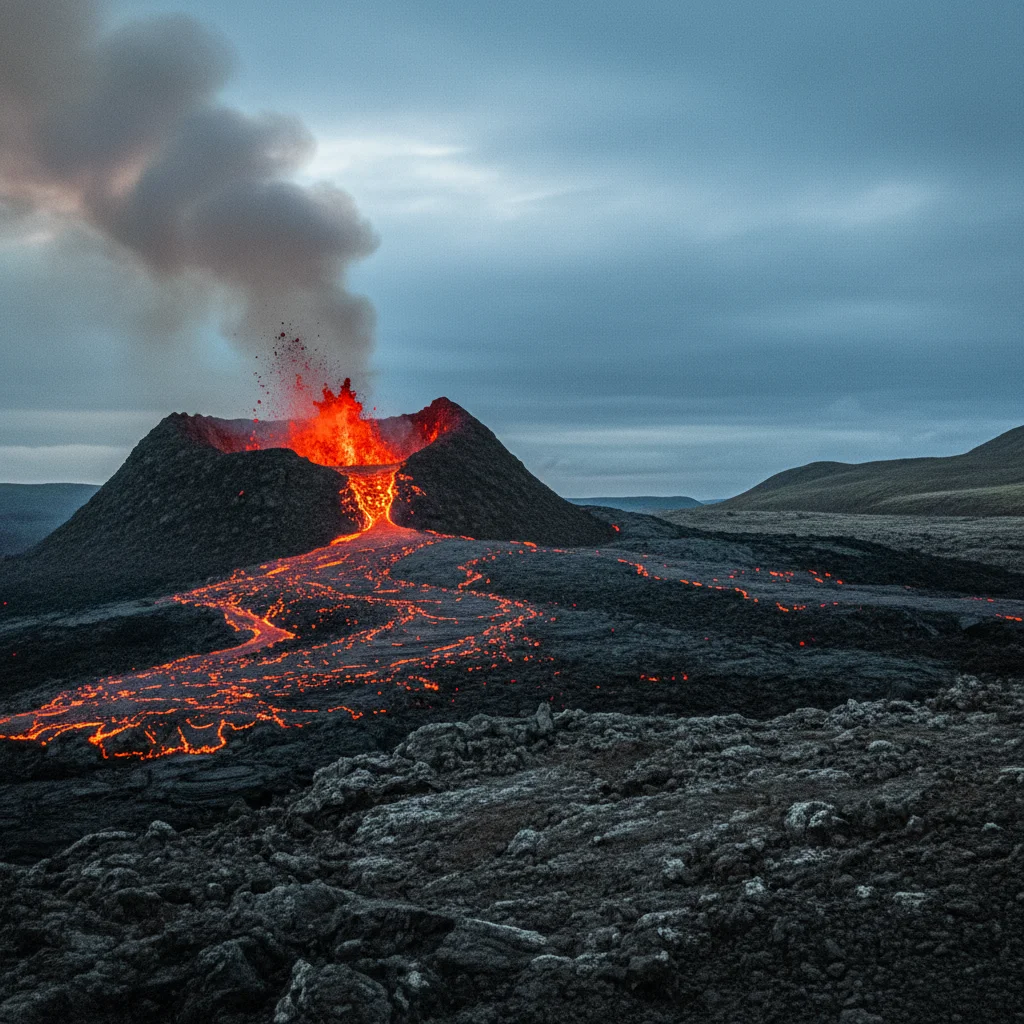 Aktiver Vulkan in Island mit glühender Lava und aufsteigendem Rauch