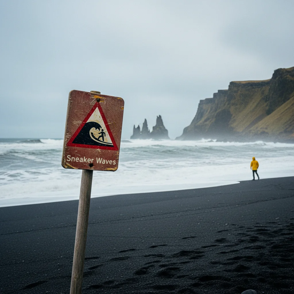 Warnschild an Islands schwarzem Strand Reynisfjara vor gefährlichen Sneaker Waves