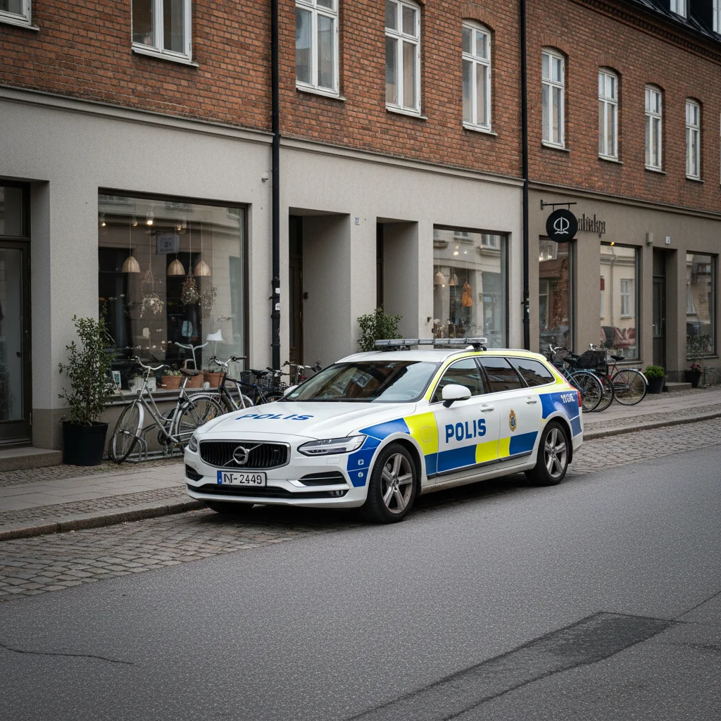 Schwedischer Polizist in blauer Uniform auf einer Straße in Stockholm