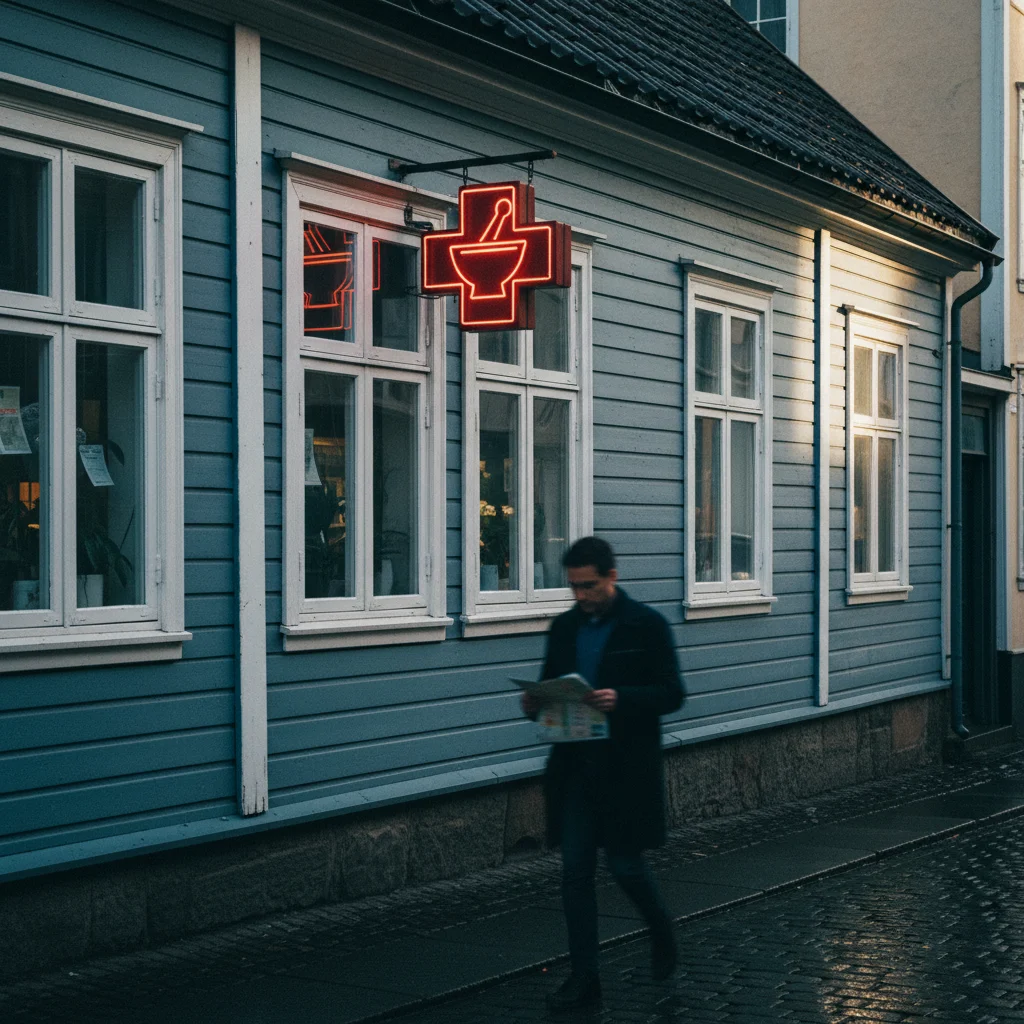 Apotek-Schild an einer skandinavischen Apotheke