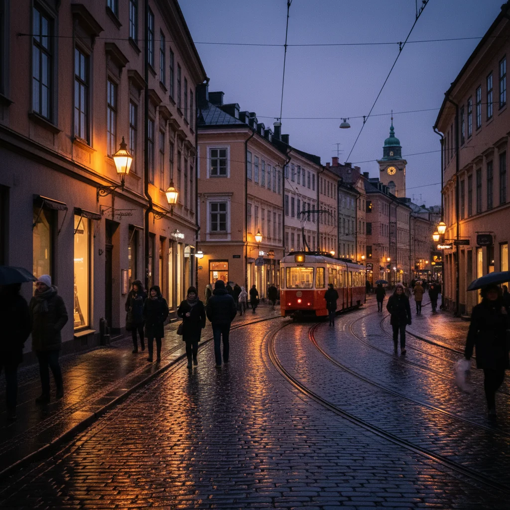 Beleuchtete Straße in einer skandinavischen Stadt am Abend