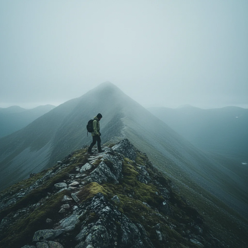 Wanderer im Nebel auf einem norwegischen Bergrücken