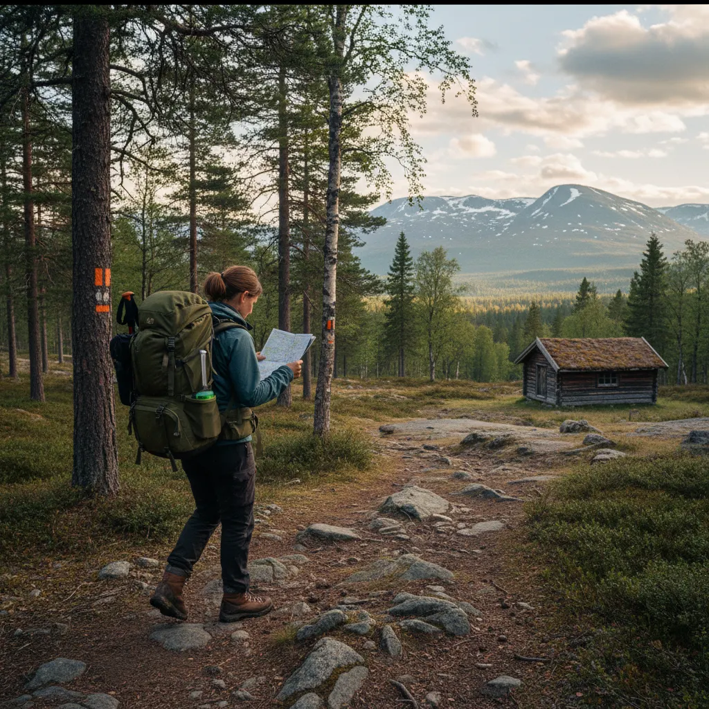 Wanderin mit Rucksack auf einem schwedischen Wanderweg mit Markierungspfahl