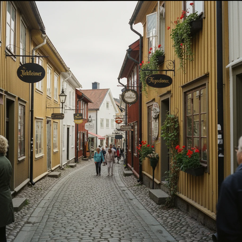 Blick entlang der Stora Gatan in Sigtuna mit bunten Holzhäusern