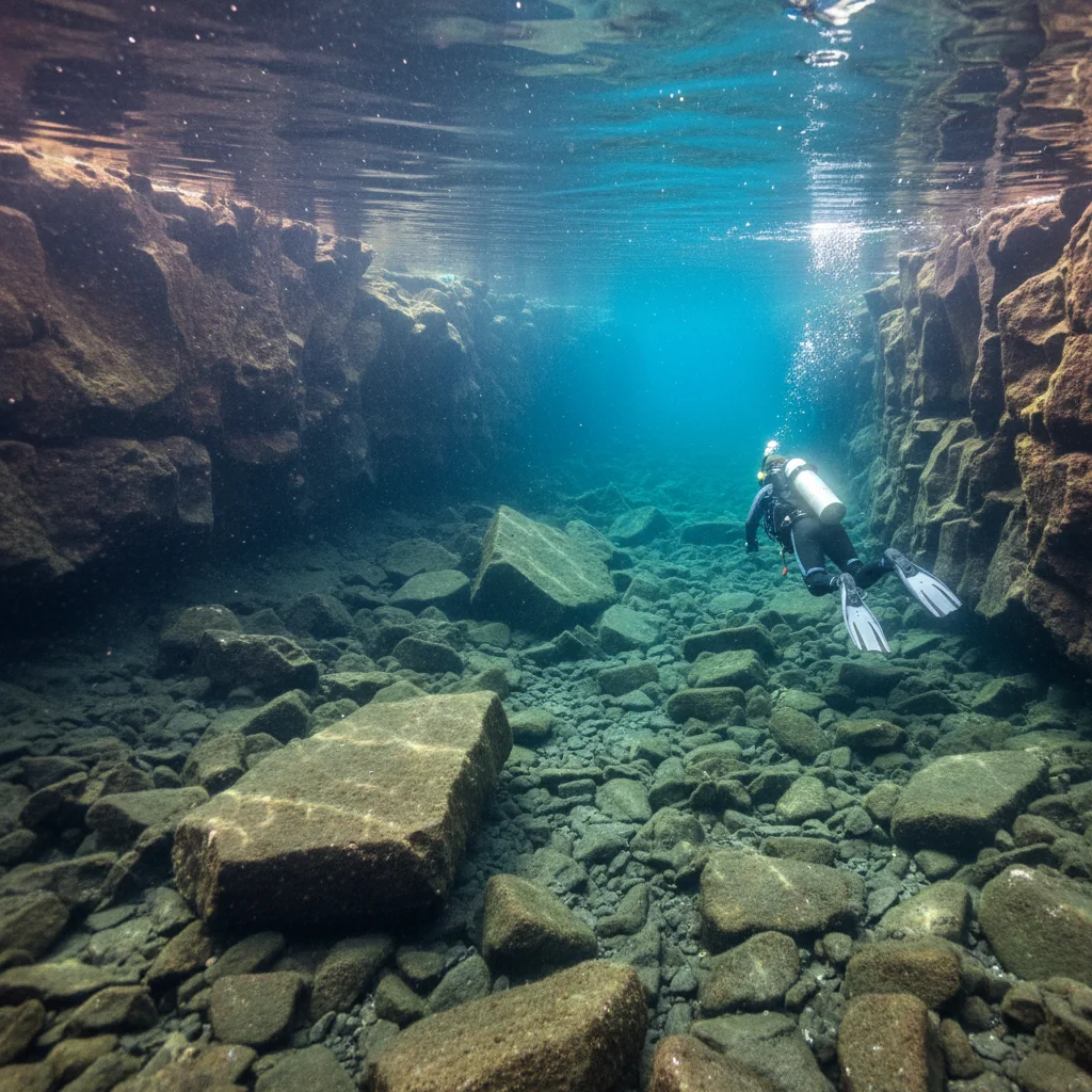 Unterwasseraufnahme der kristallklaren Sichtweite in der Silfra-Spalte mit sichtbarem Felsboden