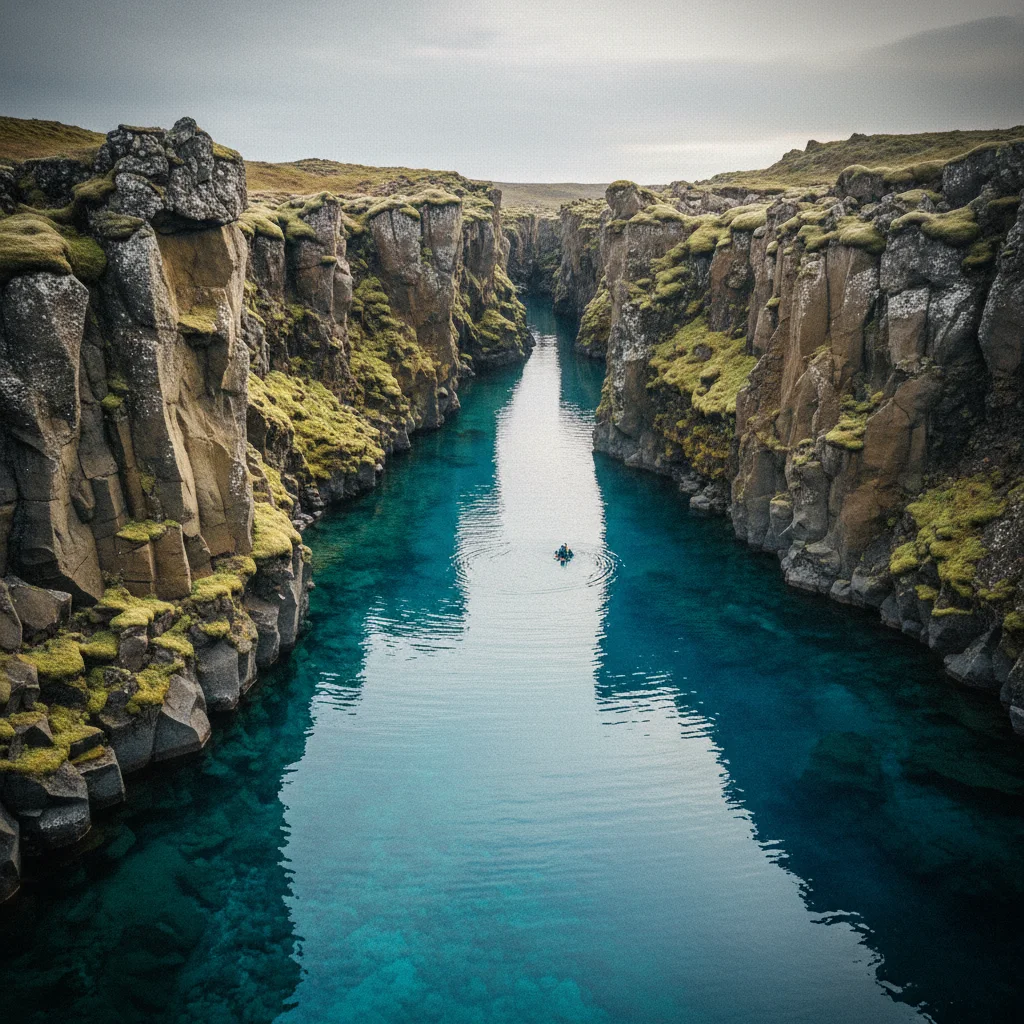 Die Silfra-Spalte mit kristallklarem türkisblauem Wasser zwischen Felswänden im Þingvellir Nationalpark