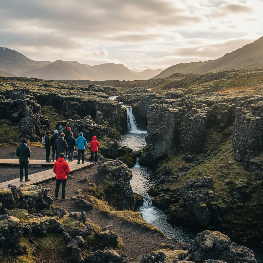 Der Þingvellir Nationalpark mit der Silfra-Spalte im Hintergrund und typischer isländischer Landschaft