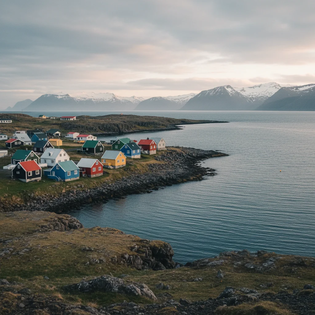 Insel Hrísey im Eyjafjörður mit bunten Häusern