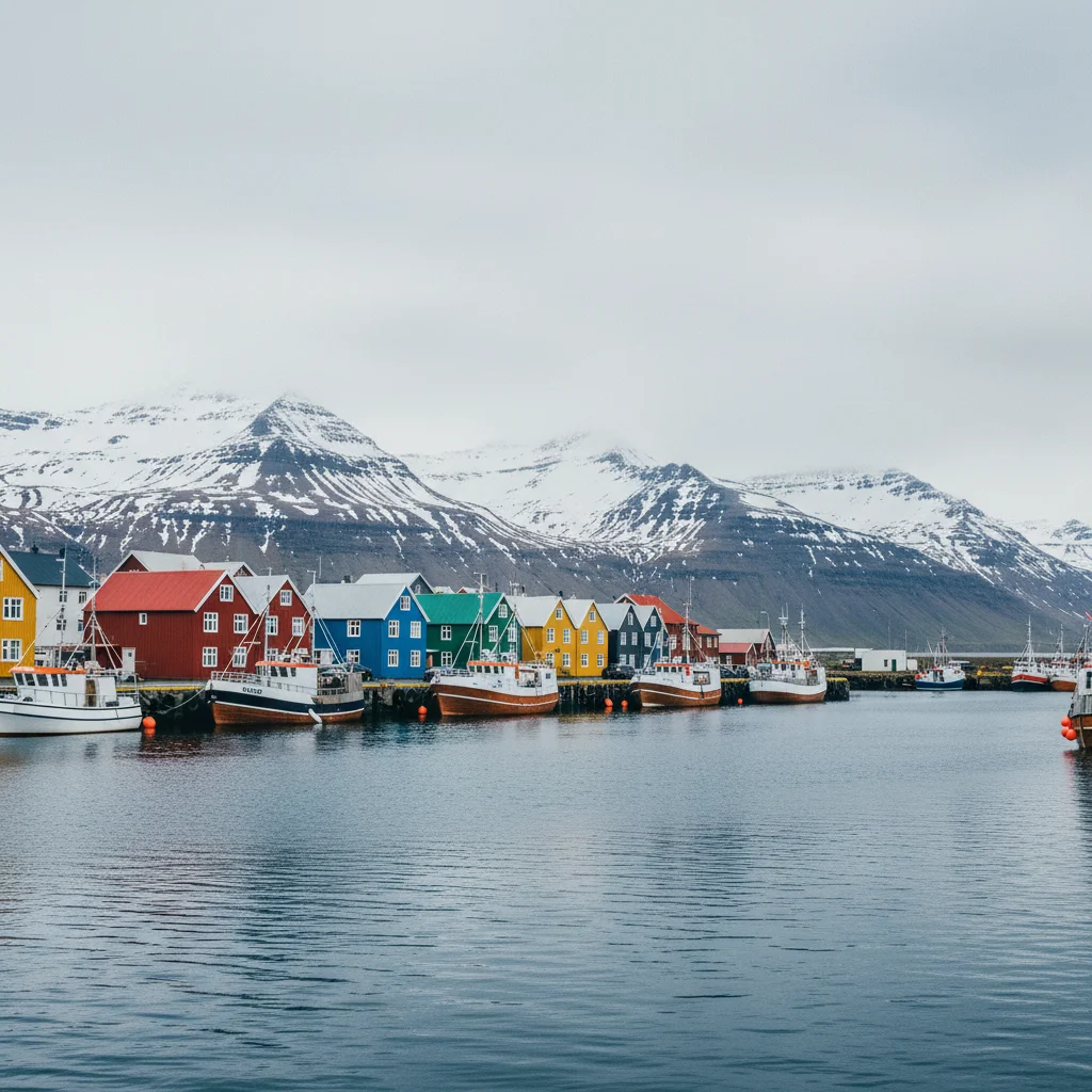 Siglufjörður Hafen mit bunten Häusern und Bergen im Hintergrund