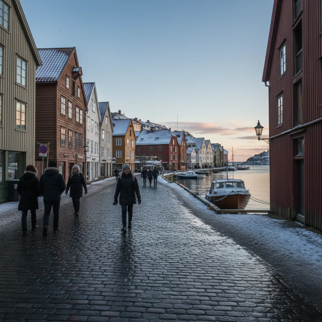 Silvester in Bergen mit Feuerwerk über den Holzhaeusern von Bryggen