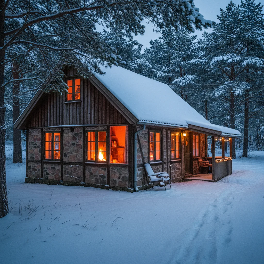 Gemütliches dänisches Ferienhaus im Winter mit Licht und Kamin